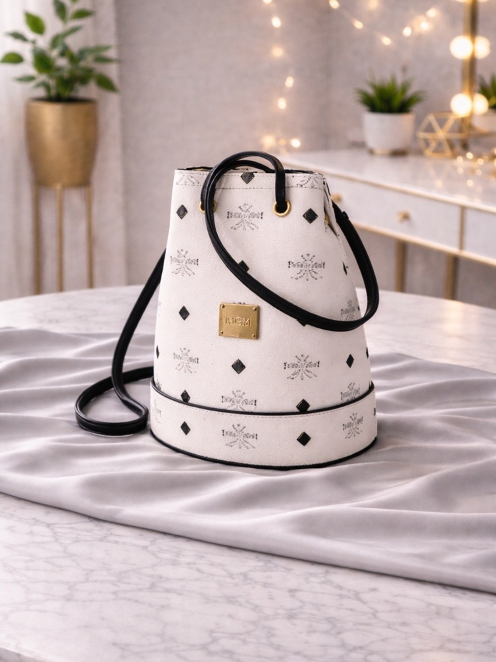 MCM Mini White Leather Monogram Bucket Crossbody Bag